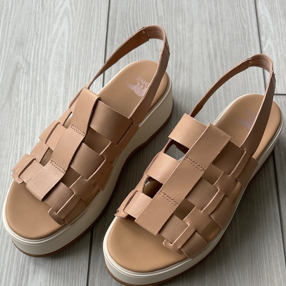 Sorel Tan Woven Platform Slingback Sandals